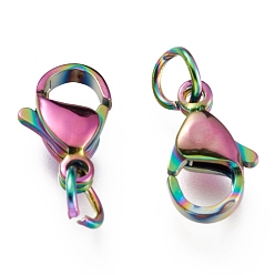 Rainbow Color Ion Plating(IP) 304 Stainless Steel Lobster Claw Clasps, With Jump Ring, Rainbow Color, 12x7x3.5mm, Hole: 3mm, Jump Ring: 5x0.6mm