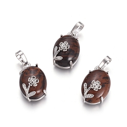 Красный Обсидиан Натурального красного дерева обсидиана подвески, с латунной фурнитурой платинового цвета, овальные с цветком, 22x13.8x10.3 мм, отверстие : 6x3.5 мм