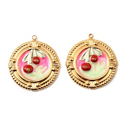 (123L) Белый крем непрозрачный блеск 304 нержавеющей стальной эмали подвески, плоский круглый с вишневым шармом, золотые, огнеупорный кирпич, 27.5x25x3.5 мм, отверстие : 1.4 мм