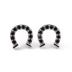 Платина Серьги-гвоздики в виде лошадиных туфель из черного кубического циркония, украшения из латуни для женщин, долговечный, без свинца и без кадмия, платина, 10x10 мм, штифты : 0.8 мм