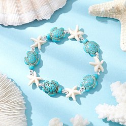 Бирюза Браслеты из синтетического бирюзового бисера для мужчин и женщин, черепаха и морская звезда, с Гальваническим немагнитных синтетическими гематита бисера, бирюзовые, внутренний диаметр: 2-1/4 дюйм (5.55 см)