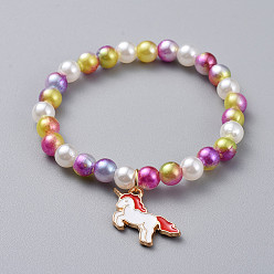 Красный Бусины из акрила и абс пластика имитация жемчуга стрейч браслеты, с подвесками из эмали и сплава , единорог, золотой свет, красные, 1-5/8 дюйм (4.3 см)