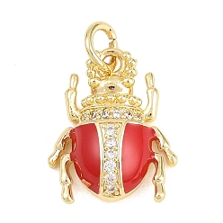 Красный Латунные микропаве прозрачные подвески с фианитом, с эмалью, Подвески в виде жука/божьей коровки, долговечный, стойки покрытие, без свинца и без кадмия, реальный 18 k позолоченный, красные, 15x12x4 мм, отверстие : 3.5 мм