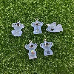 Королевский синий Прозрачные смоляные подвески, коала очарование, с платиновыми тоновыми железными петлями, королевский синий, 15~25.5x18~23.5x12.5 мм, отверстие : 2 мм