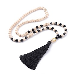 Black Nylon Tassel Pendant Necklaces, with Wood Beads, Natural Spiral Shell Beads, Natural Sodalite Beads and Alloy Findings, Black, 26.7~27.5 inch(68~70cm)