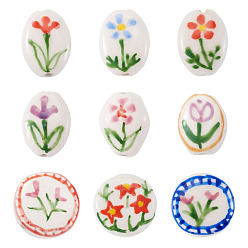 Mixed Shapes 9Pcs 9 Styles Flower Theme Handmade Porcelain Beads, Hand Painted Ceramic Beads, Famille Rose Porcelain, Mixed Shapes, 15~20x12~20.5x6~8.5mm, Hole: 1.5~1.8mm, 1pc/style