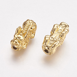 Real 18K Gold Plated Feng Shui Real 24K Gold Plated Alloy Beads, Pixiu with Chinese Character Cai, 15x7x7mm, Hole: 2mm