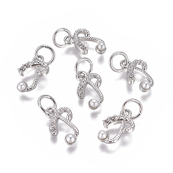 Letter P Латунь прелести, с фианитами и оболочки жемчужиной шарик, буквы, платина, прозрачные, letter.p, 9.5~11x3.5~10.8x3~3.5 мм, отверстие : 3.5 мм