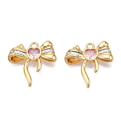 Настоящее золото 18K Подвески из латуни с прозрачным фианитом, бантом, реальный 18 k позолоченный, 19x19x3.5 мм, отверстие : 1 мм