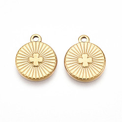 Настоящее золото 18K 304 прелести нержавеющей стали, ионное покрытие (ip), плоский круглый с подвеской в виде креста, реальный 18 k позолоченный, 15x13x2 мм, отверстие : 1.5~1.6 мм