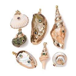 Mixed Color Natural Conch Shell Pendants, Mixed Shapes Charm, with Brass Micro Pave Cubic Zirconia Jewelry, Mixed Color, 21~59.5x14.5~23.5x12.5~23mm, Hole: 3x6mm