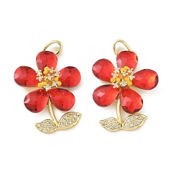 Real 18K Gold Plated Brass Micro Pave Red Cubic Zirconia Pendants, with Enamel & Resin, Flower Charms, Real 18K Gold Plated, 24.5x19x7mm, Hole: 4.5x2.5mm