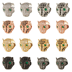 Mixed Color 16Pcs 8 Style Brass Micro Pave Cubic Zirconia Beads, Leopard, Green, Mixed Color, 2pcs/style