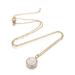 Letter B Brass Initial Pendant Necklaces, with Shell, Cubic Zirconia and 304 Stainless Steel Cable Chains, Flat Round with Letter, Letter.B, 17.5 inch(44.5cm), 1.5mm
