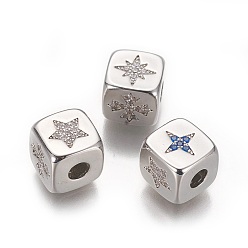 Платина Латунные микро проложить кубического циркония бусы, долговечный, куб со смешанной звездой, Реальная платина, 9x9x9 мм, отверстие : 3.5 мм