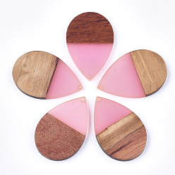 Light Coral Resin & Walnut Wood Pendants, Teardrop, Light Coral, 49x32x4mm, Hole: 1.8mm
