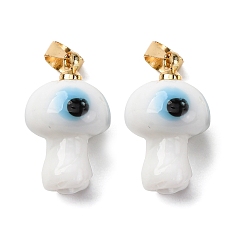 Белый Подвески лэмпворк ручной работы, гриб, с реечной накладкой из латуни с золотистым напылением, долговечный, белые, 16~17x9.5~10.5 мм, отверстие : 4.5x3.5 мм