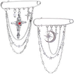 Платина 2 шт. 2 стили стальные броши, с подвесками из сплава и латунными цепочками, платина, 75 мм, 1 шт / стиль