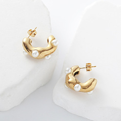 Золотой 304 из нержавеющей стали серьги, c-образный, с имитацией жемчуга, золотые, 24x4 мм