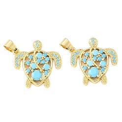 Real 18K Gold Plated Brass Micro Pave Sky Blue Cubic Zirconia Pendants, Turtle Charms, Rack Plating, Long-Lasting Plated, Cadmium Free & Lead Free, Real 18K Gold Plated, 24x22.5x4.5mm, Hole: 6x4mm