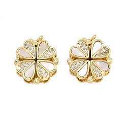 Real 16K Gold Plated Brass Micro Pave Clear Cubic Zirconia and Natural Shell Connector Charms, Magnet Links, Heart, Real 16K Gold Plated, 16.5x14.5x6mm, Hole: 1mm