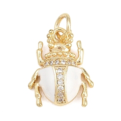 Белый Латунные микропаве прозрачные подвески с фианитом, с эмалью, Подвески в виде жука/божьей коровки, долговечный, стойки покрытие, без свинца и без кадмия, реальный 18 k позолоченный, белые, 15x12x4 мм, отверстие : 3.5 мм