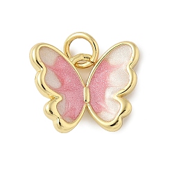 Pink Латунь эмаль прелести, бабочки прелести, с целью перехода в кольце, без свинца и без кадмия, долговечный, стойки покрытие, реальный 18 k позолоченный, розовые, 12x15x3.5 мм, отверстие : 3.4 мм