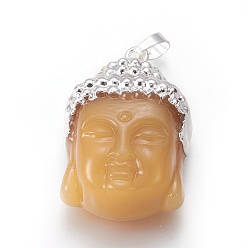 пшеница Стеклянные подвески, с латунной фурнитурой , Голова Будды, серебряный цвет гальваническим, цвет пшеницы, 40x26.5x16.5 мм, отверстие : 5x8 мм