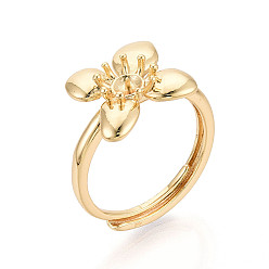 Настоящее золото 18K Цветочные латунные регулируемые кольца, для полуполых бусин , реальный 18 k позолоченный, штифты : 0.5 мм, Цветок: 12x13 мм