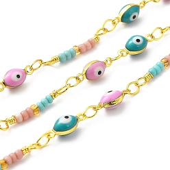 Mixed Color Handmade Brass Enamel Oval with Evil Eye Link Chains, Glass Beaded Chains, Real 18K Gold Plated, Soldered, with Spool, Cadmium Free & Lead Free, Mixed Color, Oval: 10.5x4x3.5mm, Bead Link: 19~19.5x3x2mm
