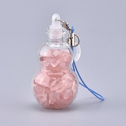 Rose Quartz Transparent Glass Wishing Bottle Pendant Decoration, with Natural Rose Quartz Chips inside, Plastic Plug, Nylon Cord and Iron Findings, Gourd, 111~130mm