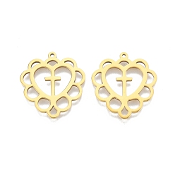Echt 18 k vergoldet Ionenbeschichtung (IP) 201 Edelstahlanhänger, hohl, Herz mit Kreuz, echt 18 k vergoldet, 26.5x25x1.5 mm, Bohrung: 1.4 mm