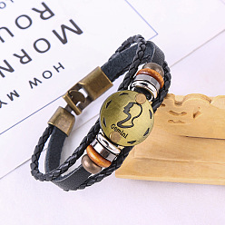 Близнецы Браслеты из искусственной кожи с тройным слоем из нескольких нитей, плоские круглые браслеты из сплава в виде созвездия для мужчин и женщин, Близнецы, 7-1/8 дюйм (18 см)