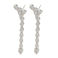 Platinum Rack Plating Brass Cubic Zirconia Teardrop Dangle Stud Earrings, Long-Lasting Plated, Lead Free & Cadmium Free, Platinum, 64x13mm