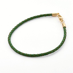 Зеленый Плетеный кожаный шнур браслет решений, с 304 из нержавеющей стали Lobster Claw застежками, золотые, зелёные, 8-3/8 дюйм (21.4 см), 3 мм