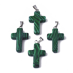 Malachite Synthetic Malachite Pendants, Dyed, with Brass Pinch Bails, Platinum Plated, Cross, 26~30.5x15.5~19.5x4~6mm, Hole: 3x6mm