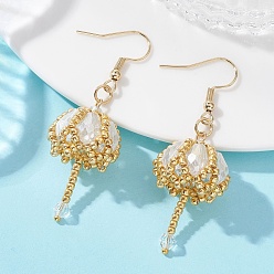 Белый Прозрачные серьги-подвески из гальванизированного стекла и бисера., цветок, с 304 нержавеющей стали серьги крючки, золотые, белые, 53x18 мм