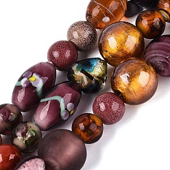 Old Rose Handmade Foil Glass with Gold Sand Lampwork Beads Strands, Inner Flower, Mixed Shapes, Old Rose, 6~37x7~28x5~21mm, Hole: 0.7~2mm, about 23~29pcs/strand, 13.58~14.76 inch(34.5~37.5cm)
