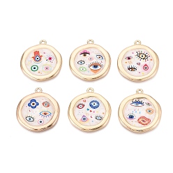 (52) Непрозрачная лаванда Печатные эмали подвески сплава, плоские круглые обереги от сглаза, стойки покрытие, без кадмия и без свинца и без никеля, золотые, разноцветные, 33x30x2~3 мм, отверстие : 2 мм
