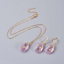 Pink Kits de bijoux, pendentifs et boucles d'oreilles dangle, avec pendentifs en verre, Crochets d'oreille en laiton, chaîne de câble en laiton et fermoirs mousqueton, larme, rose, 16.5 pouce (42.1 cm), 1.2mm, 39mm, pin: 0.7 mm