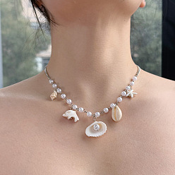 Shell Shape Женские ожерелья из натуральной ракушки, сплава смолы и искусственного жемчуга, платина, формы раковины, 15.75 дюйм (40 см)