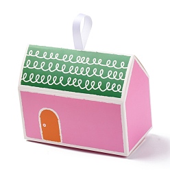 Hot Pink Gift Sweets Paper Folding Boxes, with White Ribbon, Decorative Gift Box, House Shape, Hot Pink, 10.5x13x7cm