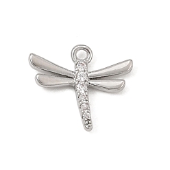 Platinum Brass Micro Pave Clear Cubic Zirconia Charms, Dragonfly Charms, Platinum, 11x12x2mm, Hole: 1mm