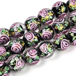 Черный Ручной стеклянные фольга бисер пряди, круглые, с внутренним цветок, чёрные, 9.5~10.5 мм, отверстие : 1.2~1.6 мм, около 38~40 шт / нитка, 13.98~14.76 дюйм (35.5~37.5 см)