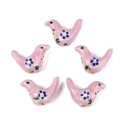 Flamingo Handmade Porcelain Beads, Hand Painted, Famille Rose Porcelain, Bird, Flamingo, 14~15x19~20x7~8mm, Hole: 1.6~2mm