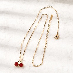 Золотой Подвеска из латуни с микропаве из прозрачных кубических цирконий и смолы в виде красной вишни 304 цепочка из нержавеющей стали для женщин, золотые, 15.91 дюйм (40.4 см)