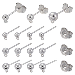 Платина 24шт. 3 стили серьги-гвоздики с круглыми шариками из стерлингового серебра, сережка с горизонтальной петлей, с печатью s925, с гайкой 24шт., платина, 14.5~17x3~5 мм, отверстие : 1.2 мм, штифты : 0.8 мм