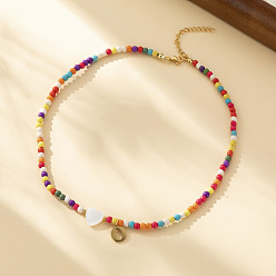 Letter O Ожерелья из круглых бусин в форме сердца из натуральных ракушек и разноцветных стеклянных семян, ожерелья шкентеля, 304 колье из нержавеющей стали, золотые, Письмо O, 15.35 дюйм (39 см)