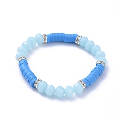 Licht Himmel blau Stretch-Armbänder, mit polymer clay heishi beads, Imitierte Jade facettierte Glasperlen und Messing Strass Perlen, Licht Himmel blau, Innendurchmesser: 2-1/4 Zoll (5.7 cm)