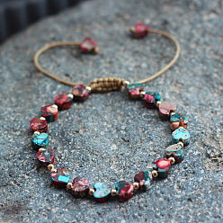 (123L) Белый крем непрозрачный блеск Женские плетеные браслеты из бусин в форме сердца из натуральной имперской яшмы, окрашенной в богемском стиле, с латунными бусинами и вощеным шнуром, огнеупорный кирпич, 5.91~9.84 дюйм (15~25 см)